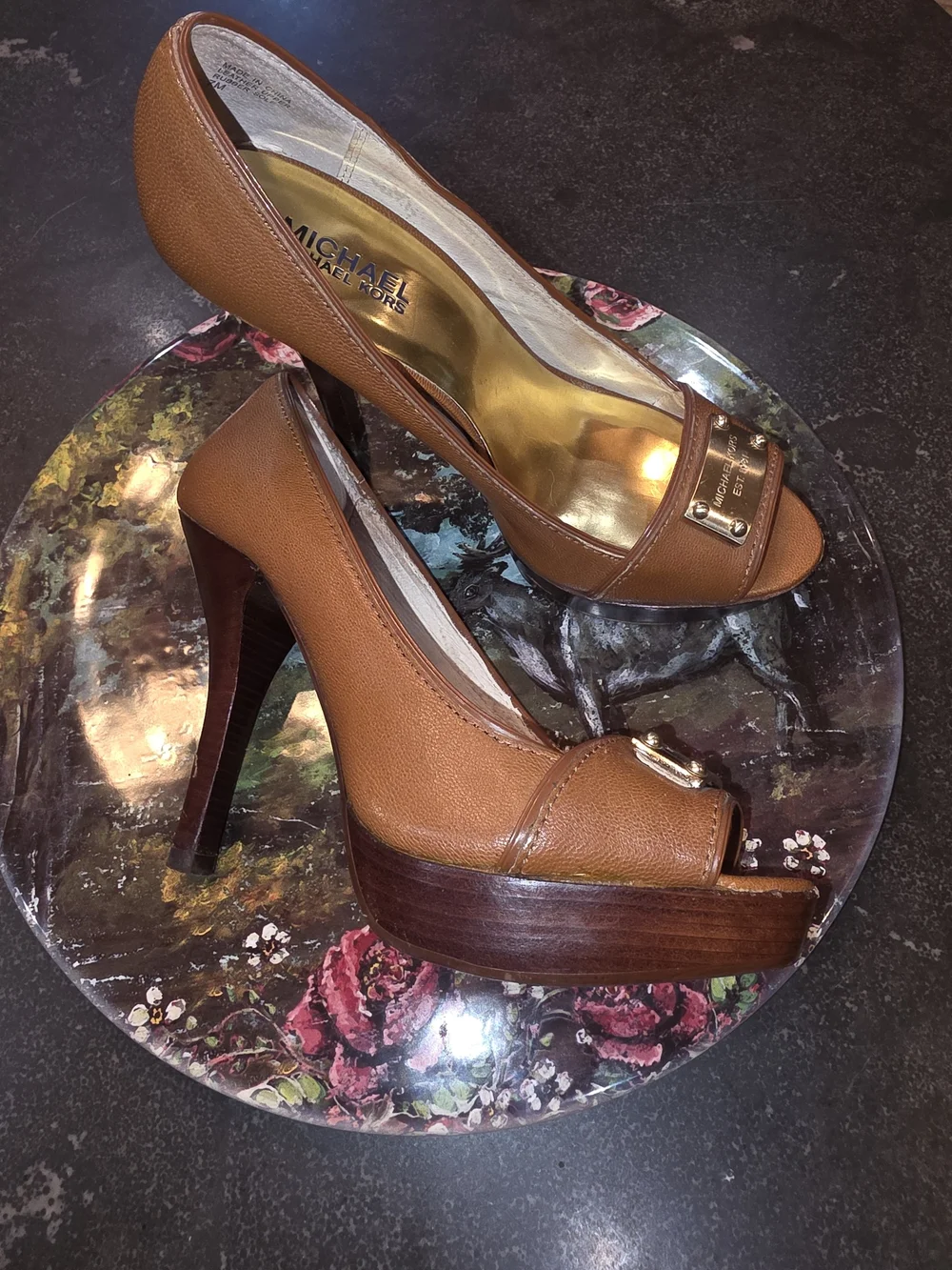 MICHAEL KORS Women's Brown Leather Peep-Toe Heels